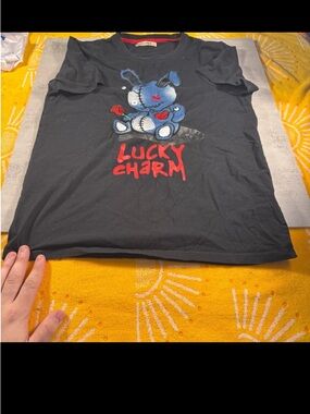 Black 'Lucky Charm' Graphic Tee with Blue Bunny
